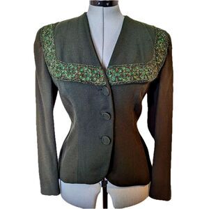 VTG 30s/40s Benham Original Beaded & Crystal Embellished Green Wool Jacket, Sz 8